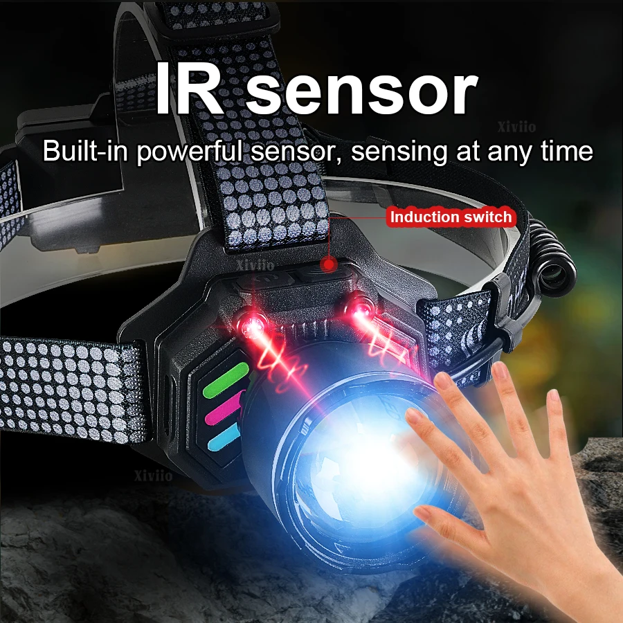 39000000LM High Powerful LED Headlight IR Sensor LED Headlamp White+Bule Light Rechargeable Head Lantern Camping Fishing Hunting