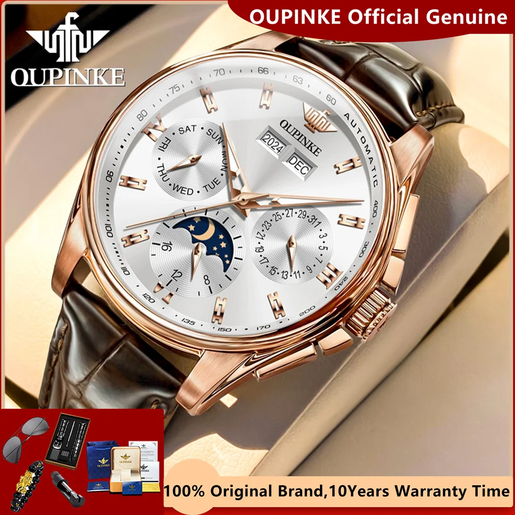 OUPINKE Luxury Brand Watches for Men Automatic Mechanical Watches Genuine Leather Band Waterproof Moon Phase Men\'s Wristwatches