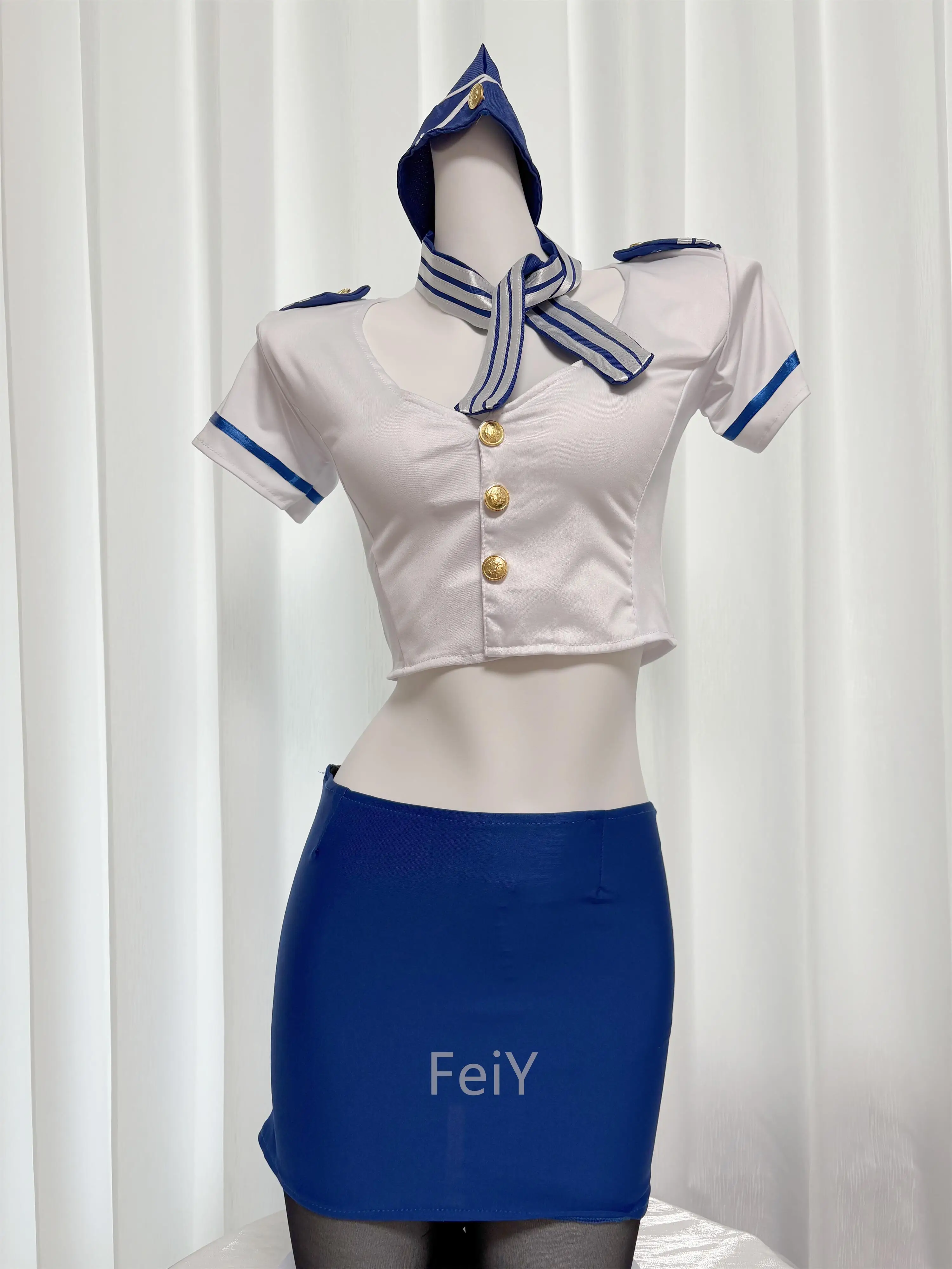 

Erotic Lingerie Sexy Flight Attendant Seduction Uniforms Blue Low-cut fervor Role-playing Nightclub Clothing Suit Seduce Cosplay