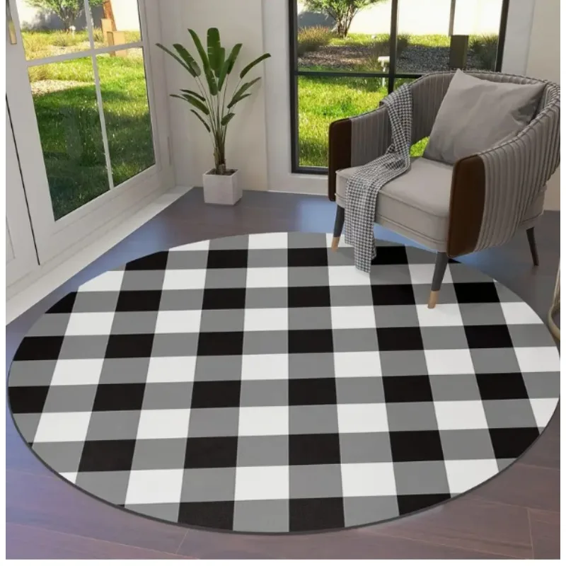 

Black & White Checkered Round Rug with Playful Chicken Print – Non-Slip Farmhouse Decor for Living Room & Home