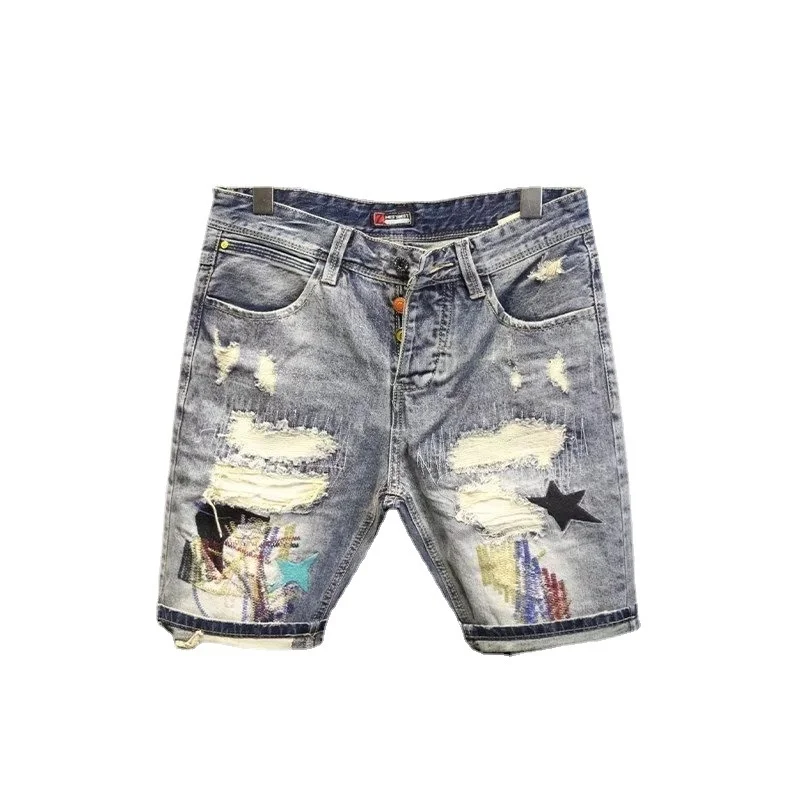 Summer Men\'s Fashion Scraped Patch Beggar Denim Shorts Hip Hop Washable Jeans Shorts Casual Middle Pants