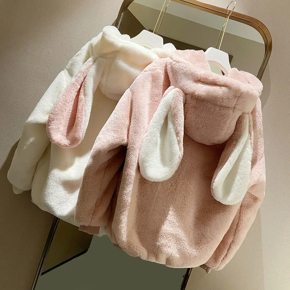 Plus Velvet Thick Bomber Coat Female Autumn Winter Loose Cute 3D Long Rabbit Ears Faux Fur Jacket Cardigan Crop Tops Furry Parka