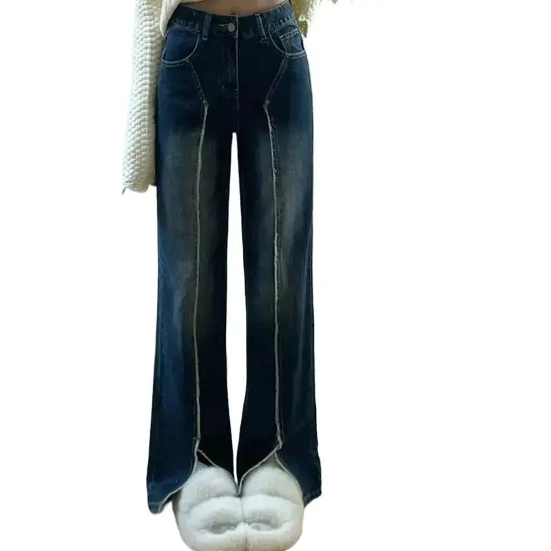 

High Waist Straight Leg Jeans Women's Spring Autumn New Style Vintage Frayed Slit Wide Leg Pants Loose Fit Trendy Denim