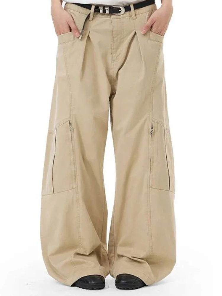 Cargo Casual Men's Pants Khaki Pleated Waist Wide Leg Loose Streetwear Trousers 7N6C