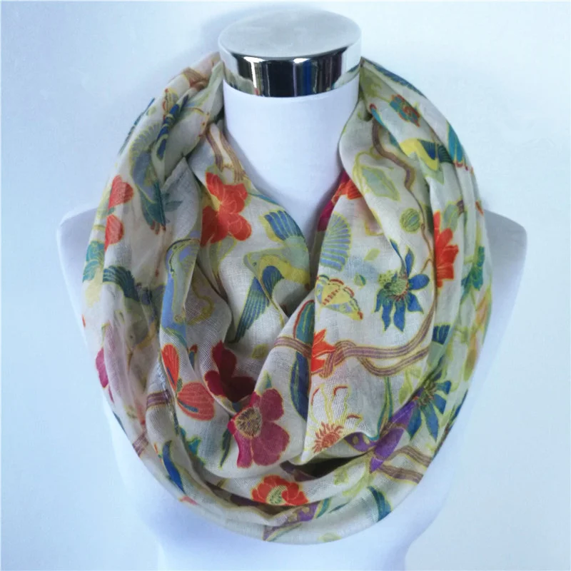 Nowy szalik z wiskozą z nadrukiem Magpie Bird Ipek Esarp szaliki z pętelką Flower Infinity Scarf wiosna Wraps gorący szalik z pierścieniem dla kobiet