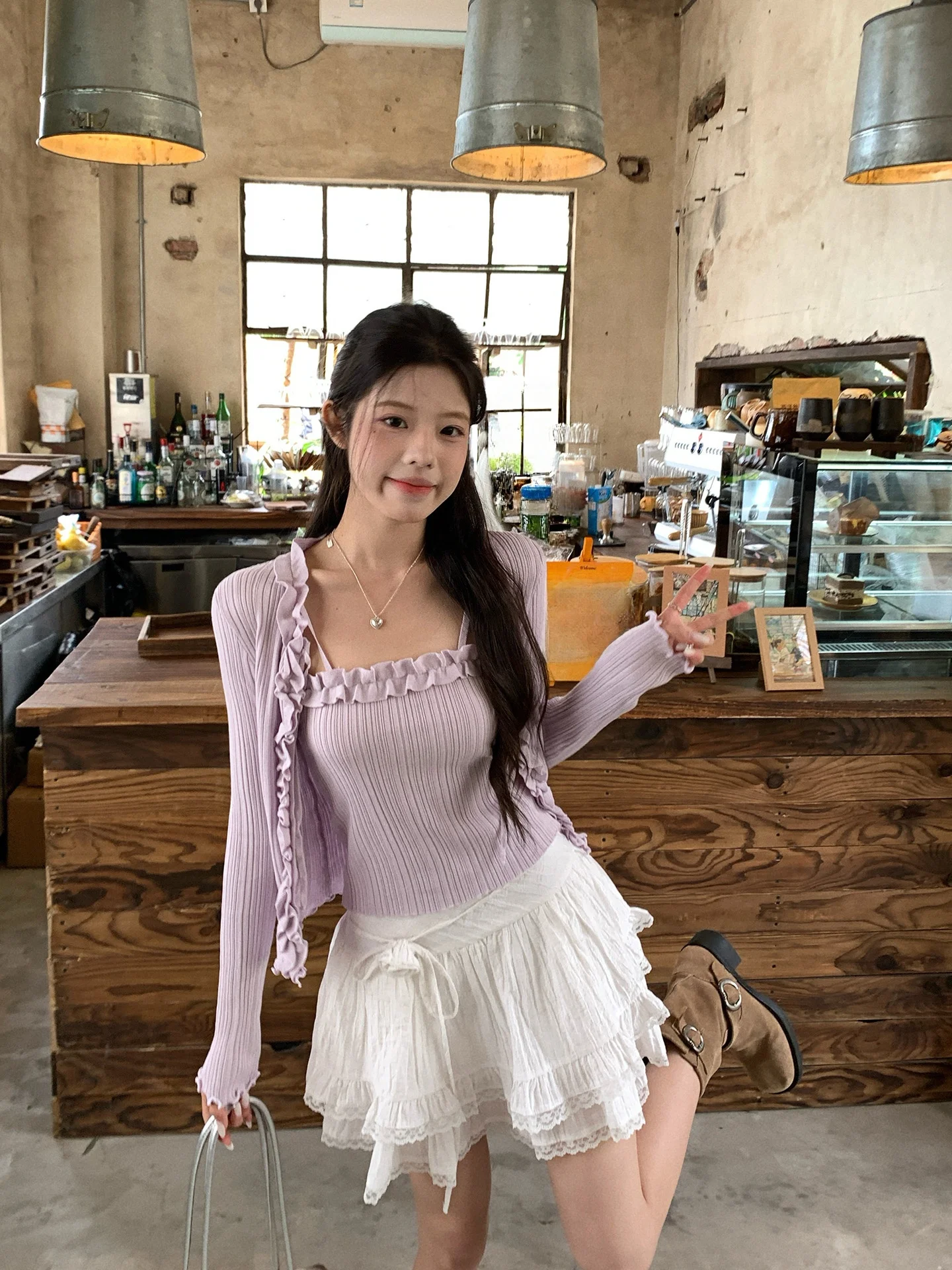 

Beautiful Purple Strap Knitted Cardigan And Vest Two-Piece Set for Women Princess Style Summer Fashion Outfit Knot