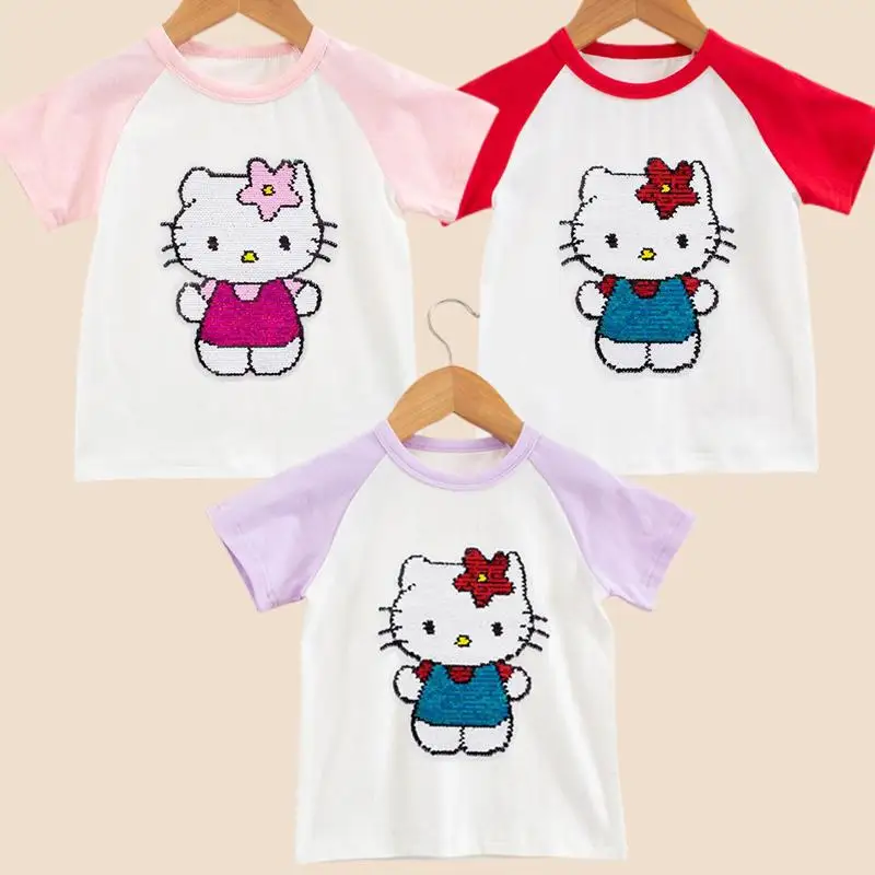 Sanrios Hellokittys Anime Kawaii Summer Kids Cotton Short-Sleeved T-Shirt Clothes Sequin Variable Pattern Girls Half-Sleeved Top