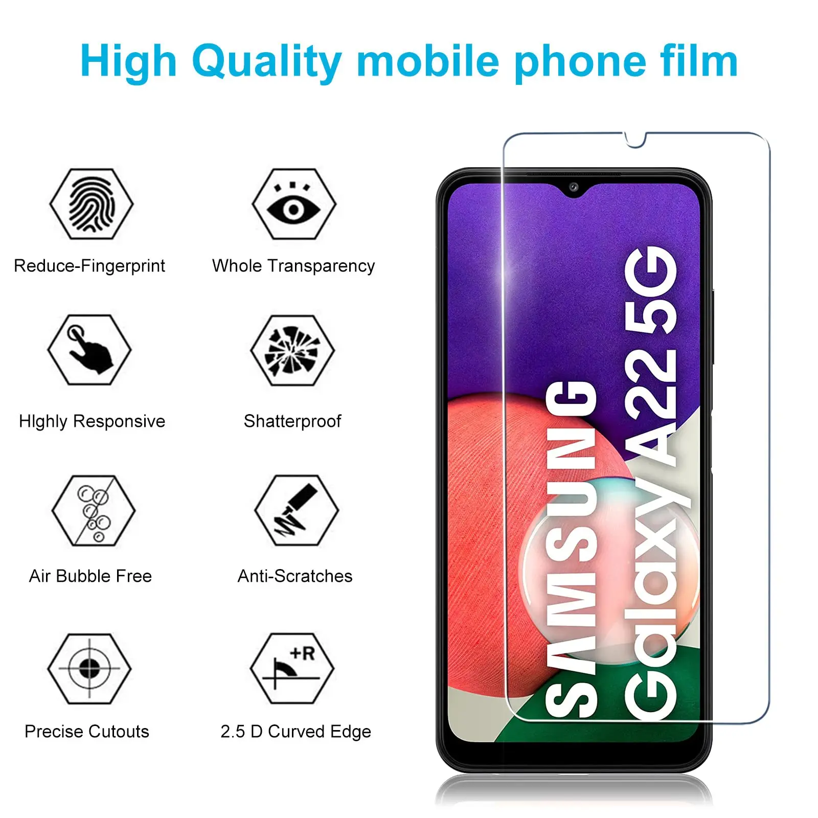 Protector de pantalla para Samsung Galaxy A22 5G, cristal templado HD, transparente, 9H, aluminio alto, funda antiarañazos