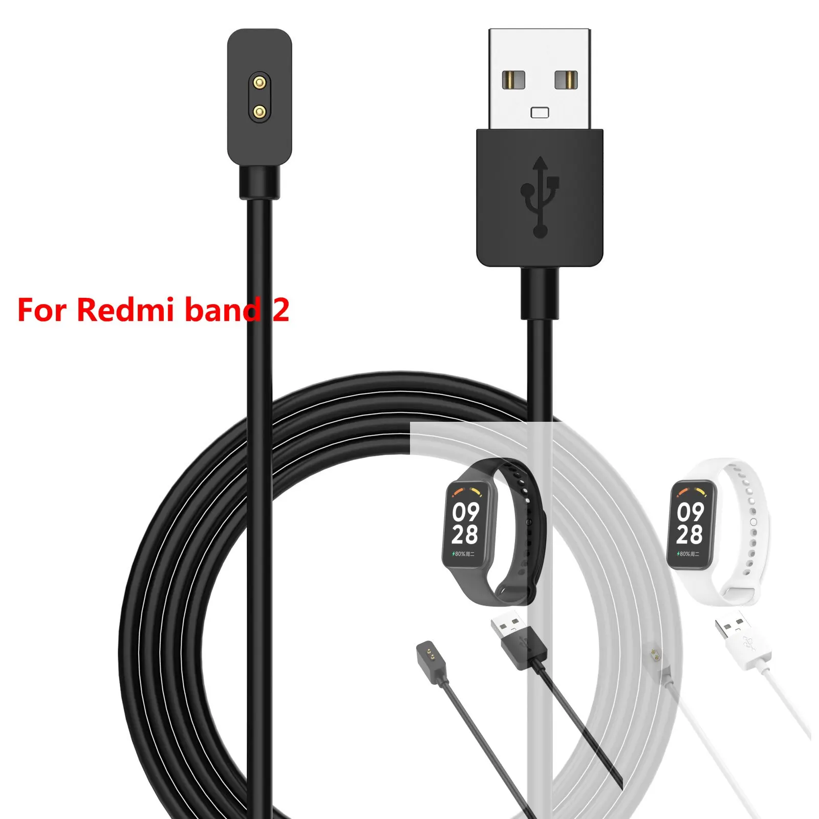 

New 1M USB Charging Cable For Redmi band 2 Smart Watch Accessories 2 Pin Dock Charger Adapter Cable Dock Black White Color