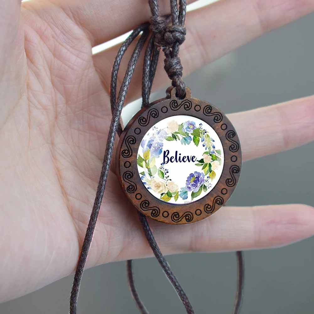 Holy Bible Jewelry Inspiring Quotes Handmade Wooden Pendant Adjustable Retro Woven Wax Rope Necklace Women Christian Gift