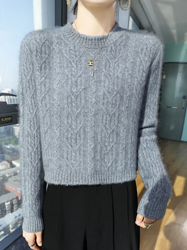 Gray Women's Pullover Sweater 100% Merino Wool Knitwear Autumn Winter Thicken Short Style Cashmere Twist Flower Round Neck Tops