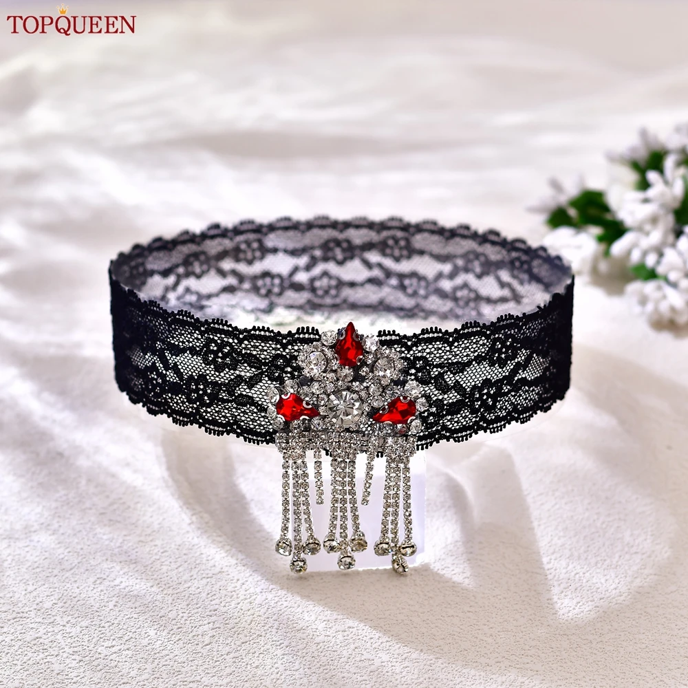 TOPQUEEN Rhinestone Bridal Garter Tassel Wedding Leg Band Black Elastic Lace Thigh Decoration Accessories Women's Thigh Rings