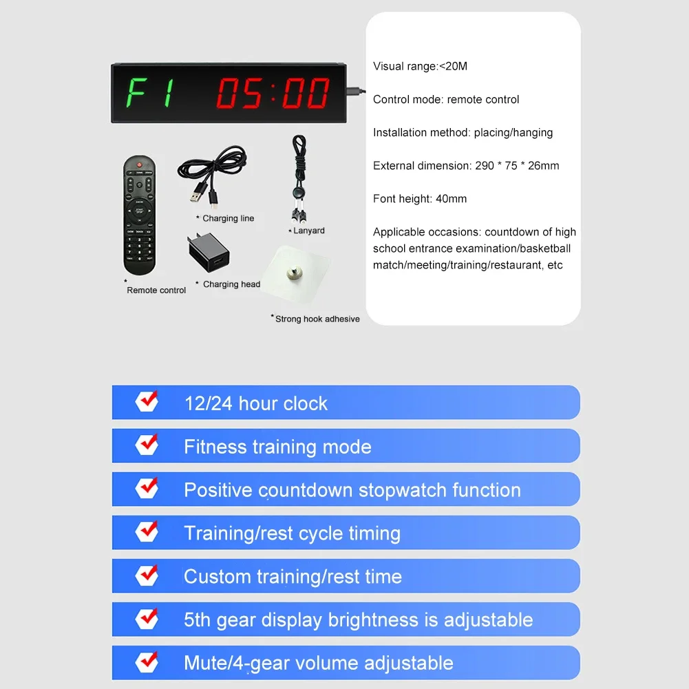 Gym Timer Digital Countdown Clock Wall Mounted Remote Control LED Interval Timer Clock Fitness Stopwatch for Competition