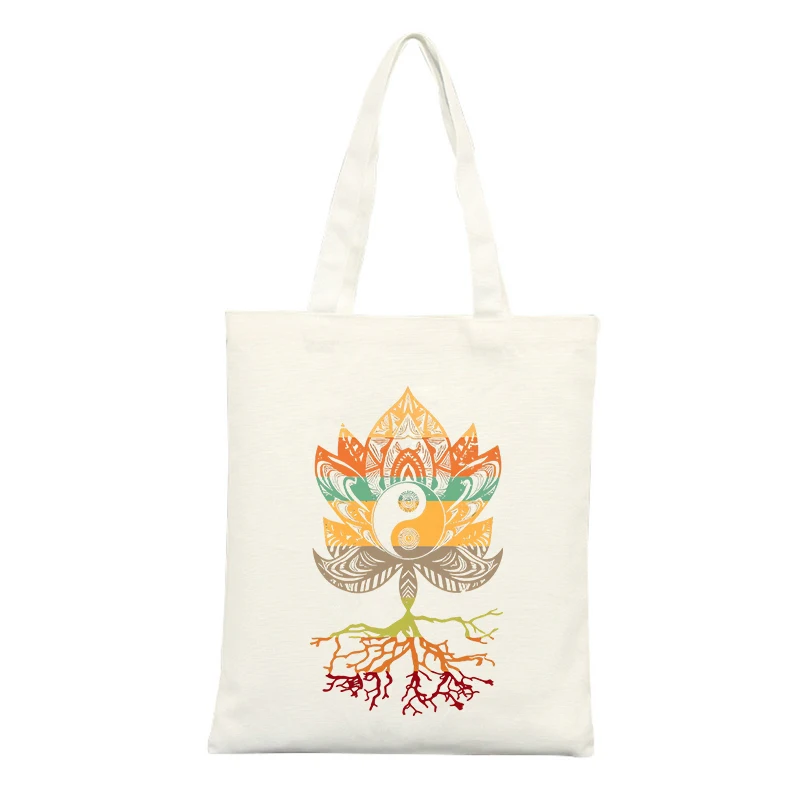 Lotus Flower and Yin Yang Canvas Tote Bag with Artistic Print, Ideal for Casual Daily Use and Shopping Outings