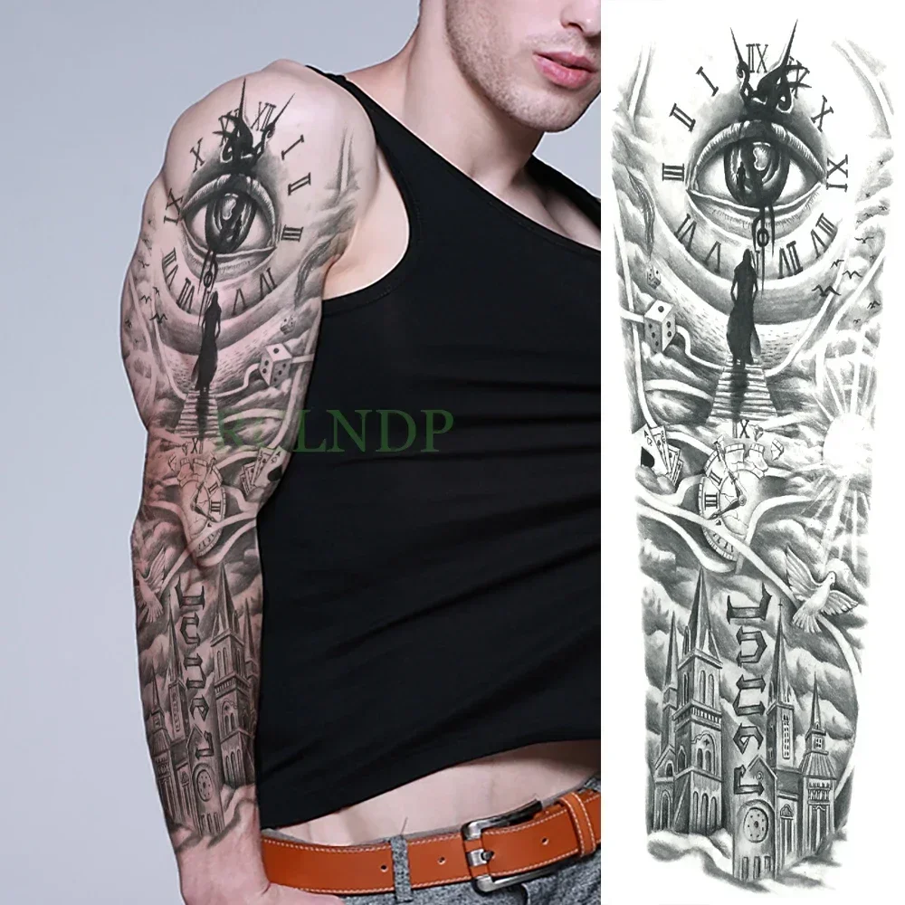 

Waterproof Temporary Tattoo Sticker eye clock bird Pagoda full arm large size fake tatto flash tatoo sleeve tato for men women