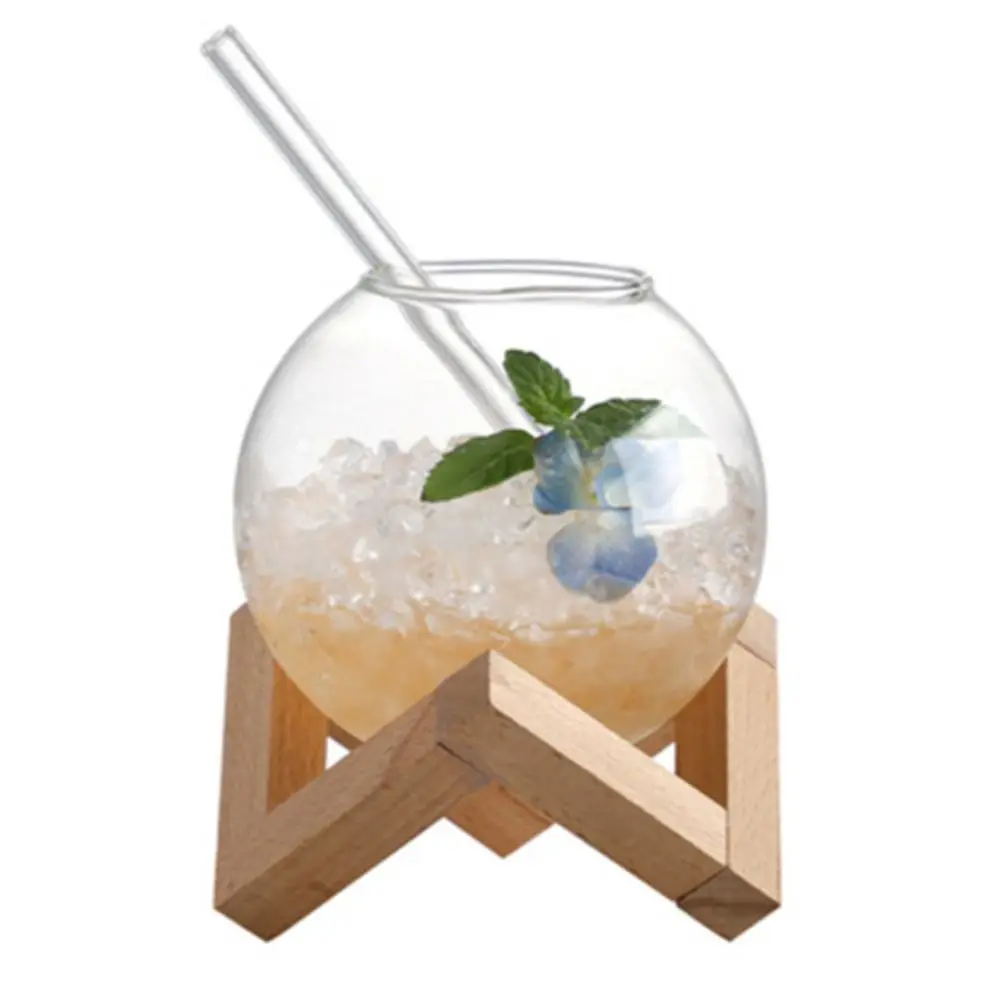 

Creative Ronud Ball Shaped Spherical Cocktail Glass Cup with Straw with Wood Stand Drink Cup Transparent Coffee Cups Milk