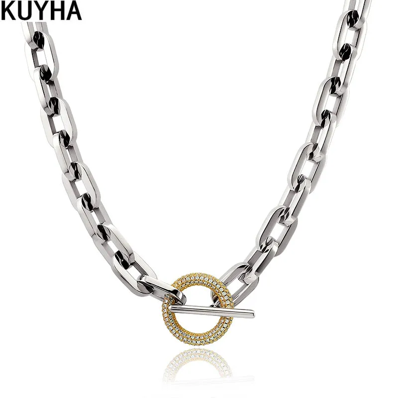 Thick Link Chain Necklace Choker Rhinestones Round Link T bar Lock Pendant Necklace Stainless Steel Statement Party Jewelry