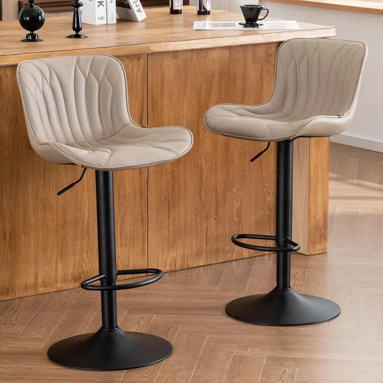 Khaki Bar Stools Set of 2 Modern Swivel Counter Height Bar Chair with Back Adjustable Kitchen Island Faux Leather Padded