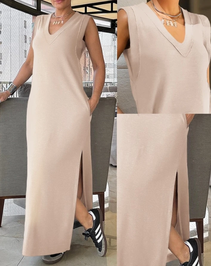 Women Fashion V Neck Pocket Design Slit Midi Dress 2024 Summer Casual Plain Sleeveless Daily Straight Long Dress