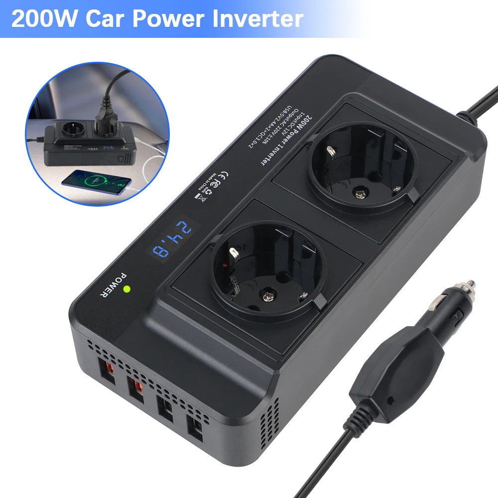 12V to 220V Auto Mounted Inverter Car 200W Inverter Accessories Cigarette Lighter 400W Peak Power 4 USB DC To AC AC EU Socket