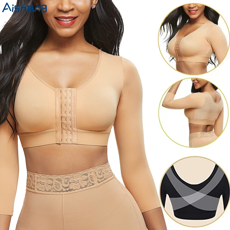 Aishang Post Surgery Compression Bra Women Front Hook Closure Long Sleeve Shapewear Top Arm Compression Back Support Bra