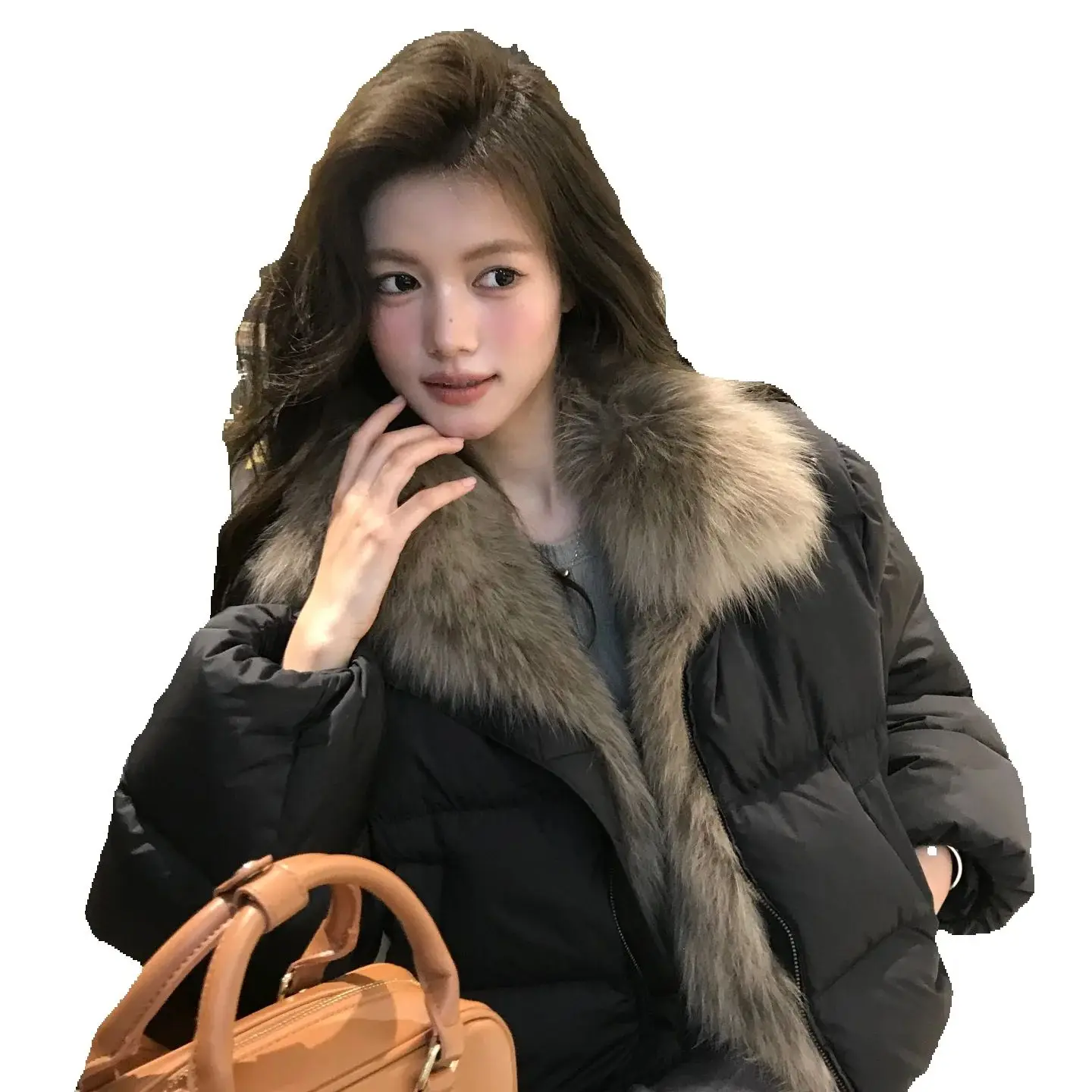 Winter new short down jacket for women with fox fur collar, loose and thick, short Korean-style fur bread coat
