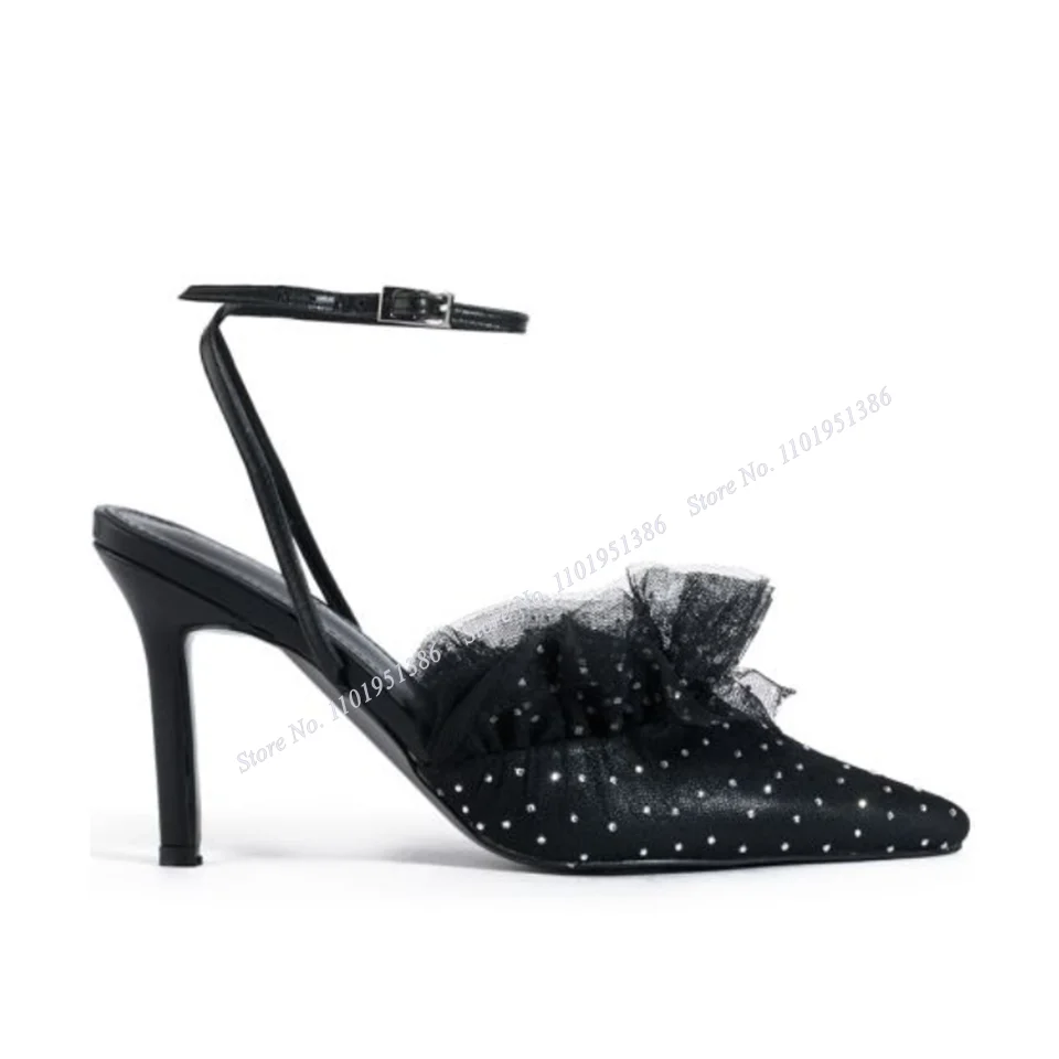 

Abesire Black Air Mesh Decor Sandals Solid White Stilettos High Heel Pointed Toe Shoes for Women Shoes on Heels Zapatillas Mujer