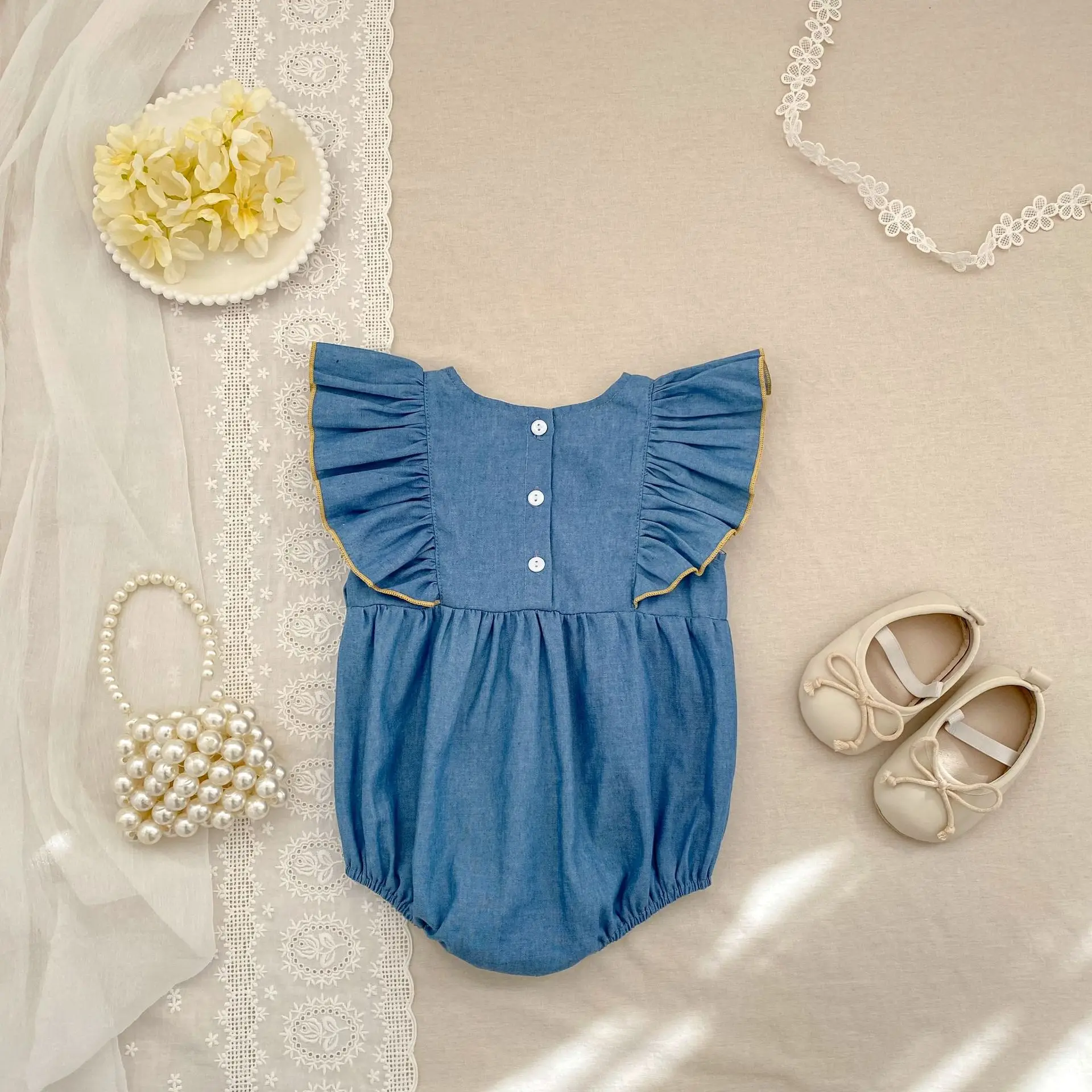 Baby Girl Bodysuit Summer Denim Bow Flutter Sleeve Triangle Romper Newborn Infant Princess Casual Outfits For Daily Wear 0-24M