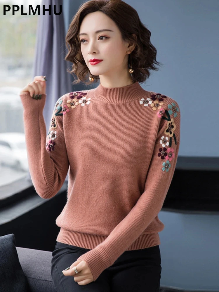 Spring Fall Half Turtleneck Embroidery Knitted Sweater Women Casual Slim Pullover Tops Long Sleeve New Soft Knitwear Jumper