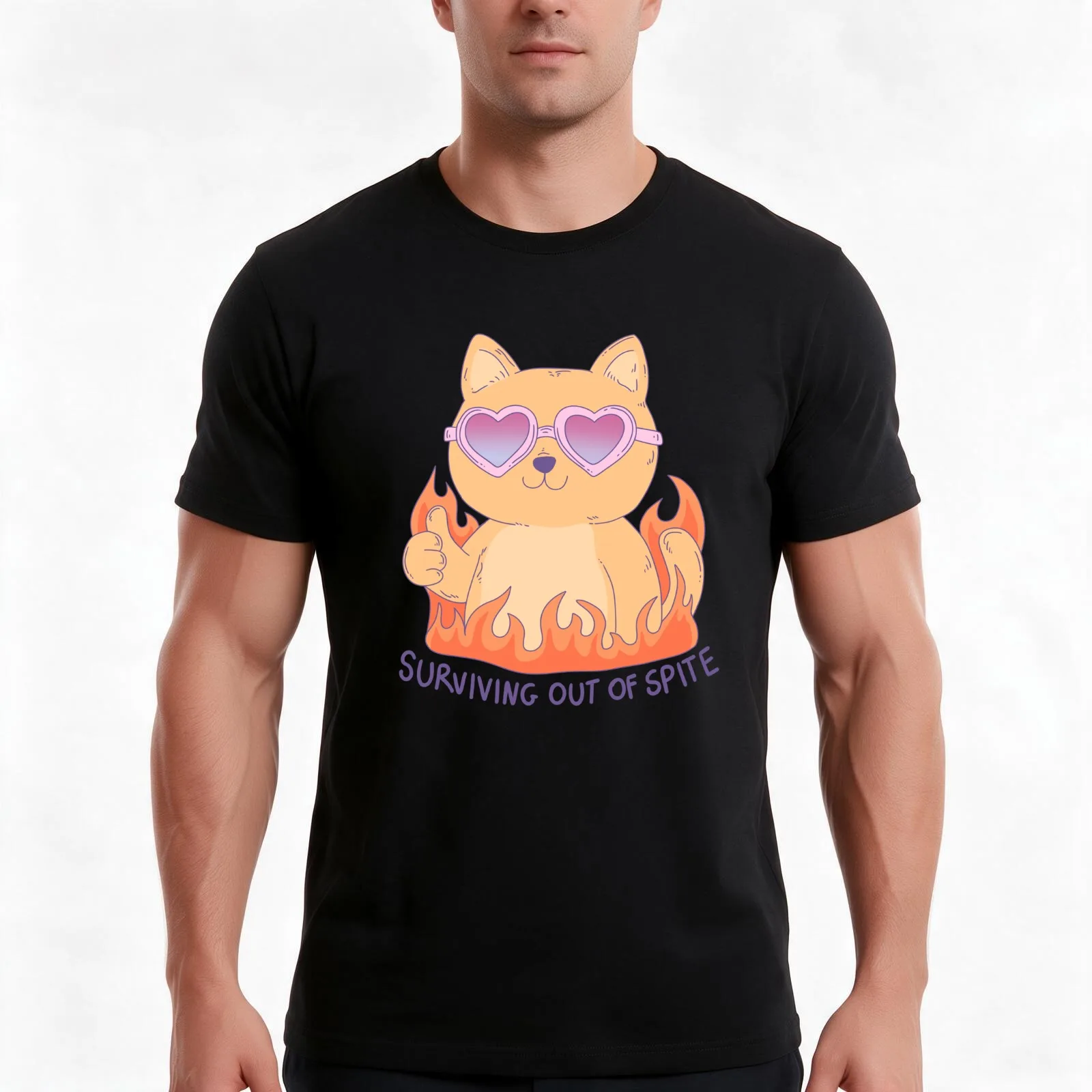 Spite Fueled Cat in Heart Glasses Meme T-Shirt, Summer Casual Cotton Tee, Oversized Streetwear Tops, Vintage Graphic Print