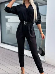 Spring Autumn Casual Solid Color Women's Casual Jumpsuit Pants Fashion Sleeve Slim Fit High Waisted Female Jumpsmall Feet Pants