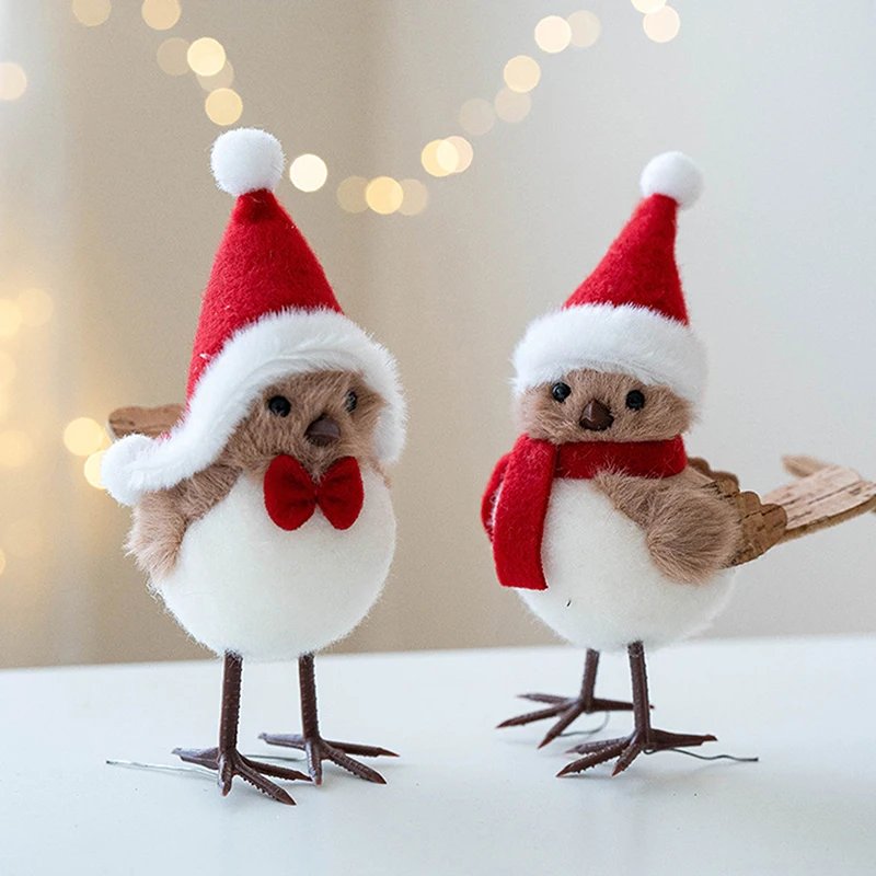 Estatuetas decorações inverno pássaro decoração realinhista pássaros falsos com chapéus para árvore de natal tabl casa férias sem esforço