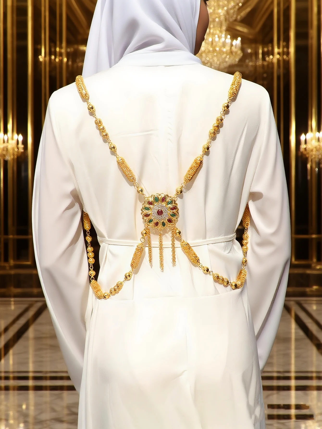 

Luxury Gold Color Moroccan Bride Body Jewelry Long Necklace with Crystal Shoulder Chain for Wedding Kaftan Back Accessory