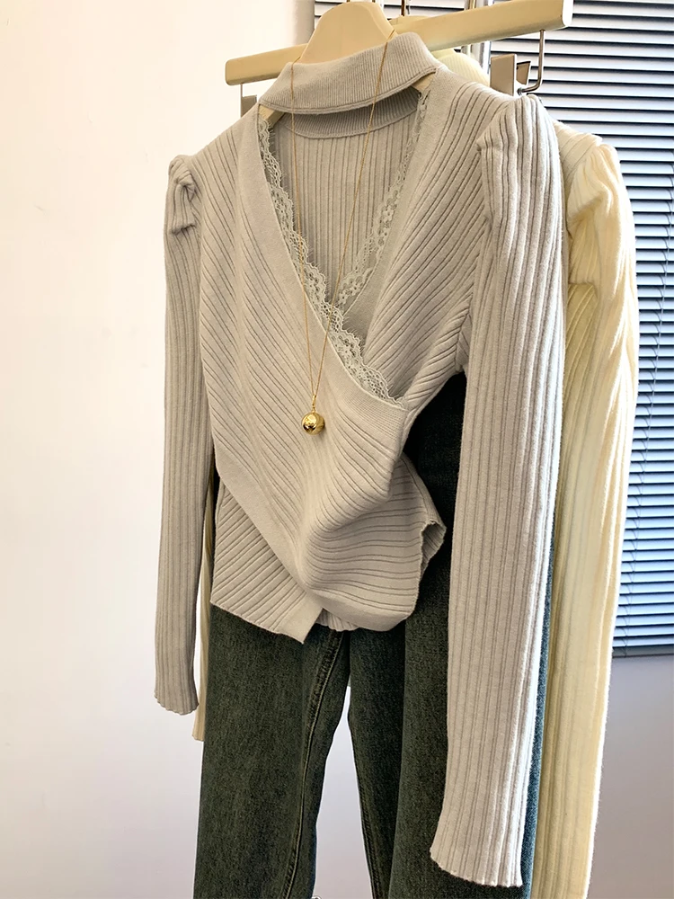 

Women Pullover Lace Patchwork Sweater Harajuku 90s Aesthetic Long Sleeves Sweaters Jumper Vintage Y2k 2000s Clothes Autumn 2024