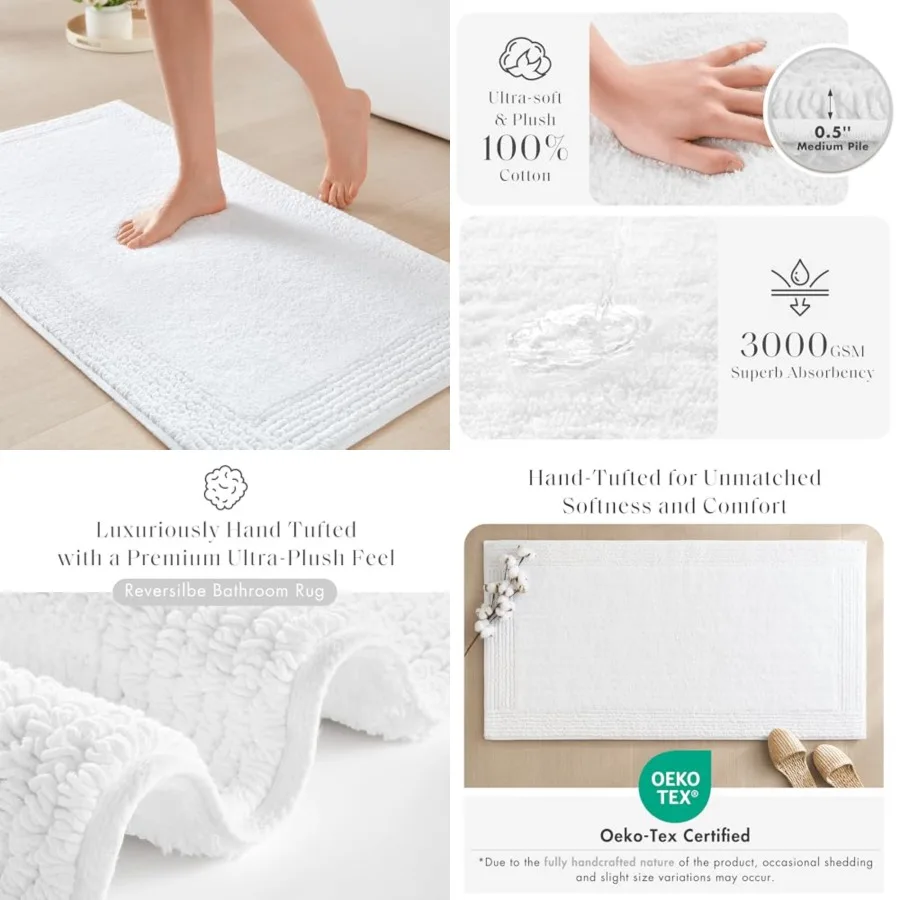 

Splendor Reversible 100 Cotton Tufted Bathroom Rug-3000 GSM Hotel Quality Luxurious Plush Medium Pile Bath Mat Absorbent, Quick