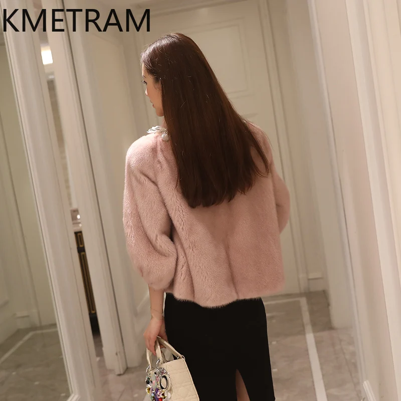 KMETRAM 100% فرو المنك الوقوف طوق معطف الفرو الحقيقي موضة قصيرة الوردي معاطف للمرأة 2025 شتاء جديد في السترات fourrures فام
