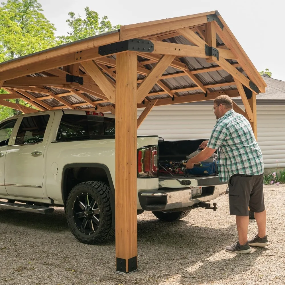 Carport Norwood style,20 ft. x 12 ft. All Cedar Wooden Carport Pavilion Gazebo with Hard Top Steel Roof Water Resistant Carports