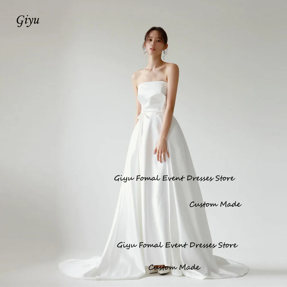 

Giyu Simple White Satin A Line Wedding Dresses Korea Photoshoot Strapless Floor Length Bridal Gowns Evening Dress Corset Back