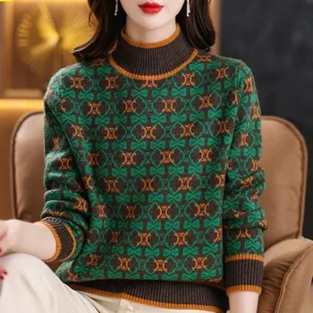Autumn and Winter Women's Contrast Color Half High Collar Long Sleeve Geometric Sweaters Jumpers Vintage Fashion Casual Tops