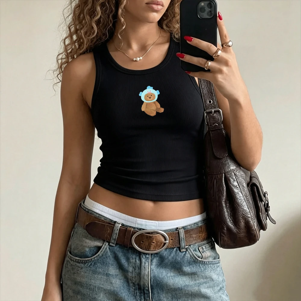 Cute Bear with Diving Helmet Print Y2K Top Camisole Ribbed Tank Tops Slim Crop Top Sleeveless High Neck Cropped Cami Vest Kawaii