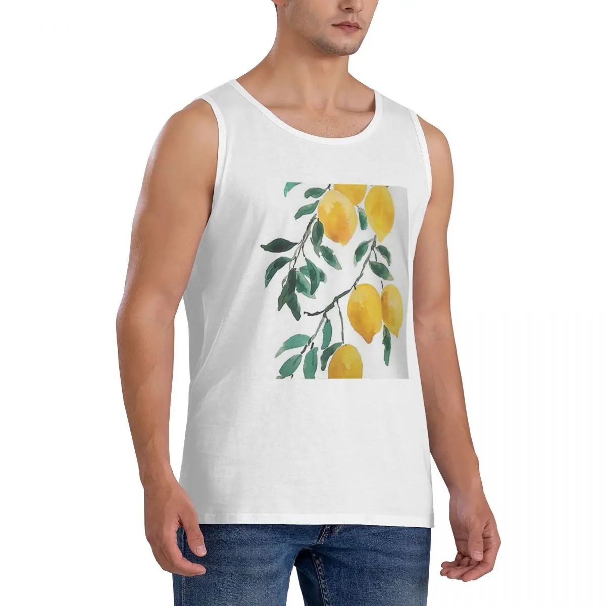 100% Cotton Hand Painted Yellow Lemon Watercol Sleeveless T-Shirt Men Workout Sports Clothing Tops Men's Crew Neck Vest