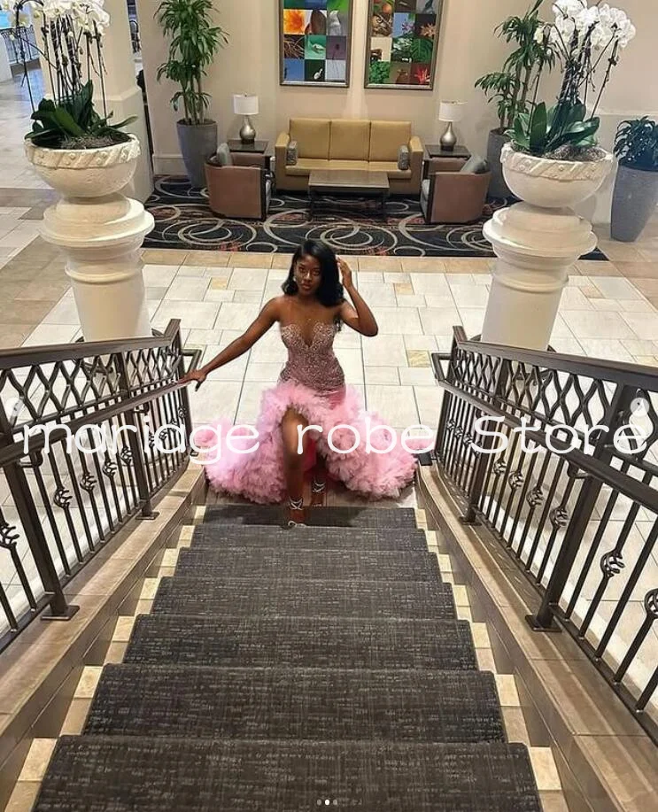 Pink Sparkly Black Girl Prom Dresses 2025 Customsized Ruffles Slit Skirt Luxury Diamond Crystal Evening Birthday Gala Gown image 2