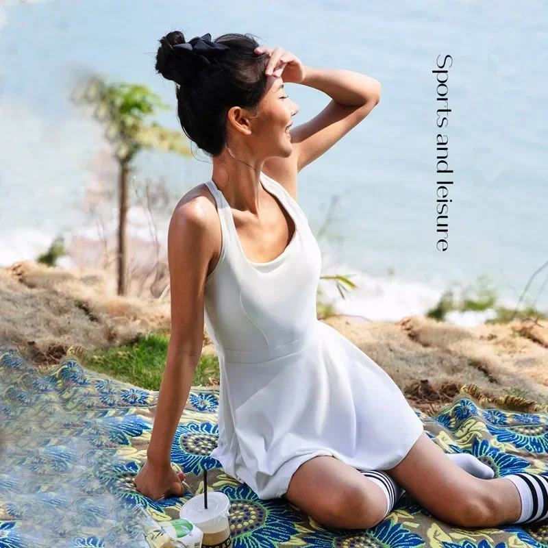 Women Golf Tennis Gym Dress Sleeveless Yoga Sports Running Above Knee Length Dresses Solid Tank Top Athletic One Piece Set