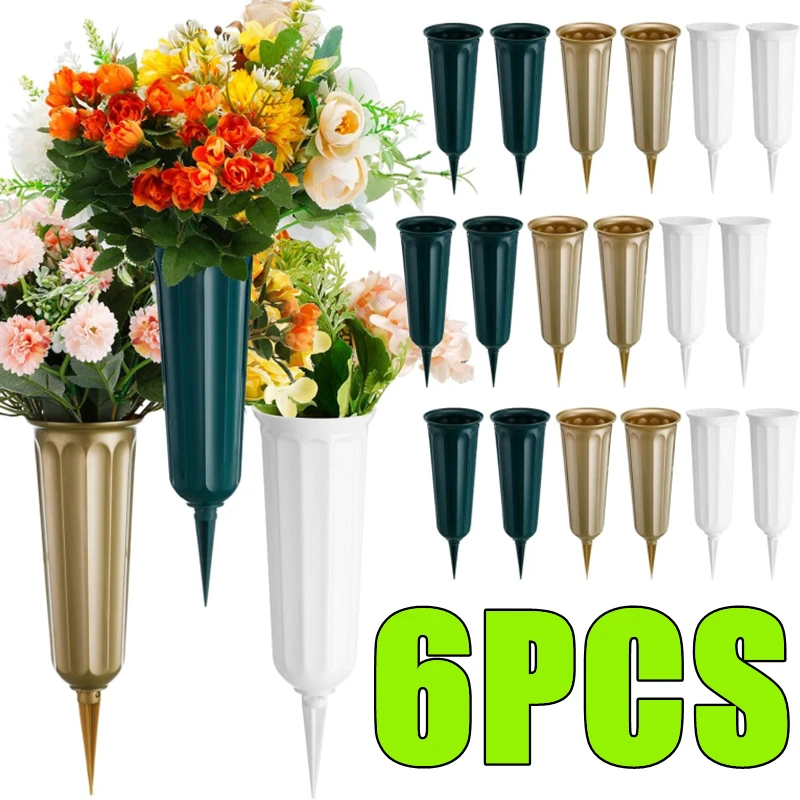 New 6-1PC Cemetery Vase with Spikes Plastic Floral Vase Holder for Gravestone Grave Yard Ground Outdoor Flower Marker Decoration