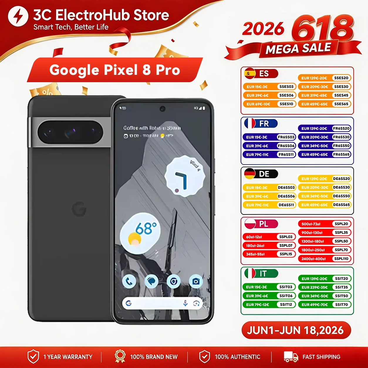 Google Pixel 8 Pro, Google Tensor G3, 6.7 pouces, 50 MP et 48 MP, OLED 120 Hz, IP68 / résistant à l'eau, 5050 mAh, 5G