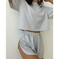 Women's Stripe Pajamas Set Short Sleeve T-Shirt And Shorts Sleepwear 2 Piece Set For Women Home Casual Loose Round Neck Pajamas - Image 4