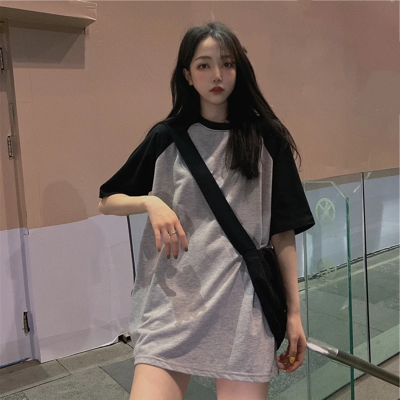 Basic Solid Patchwork Kurzarm T-shirts Rundhals T-shirt Sommer Casual Tee für Frauen Y2K Vintage Top Harajuku Streetwear