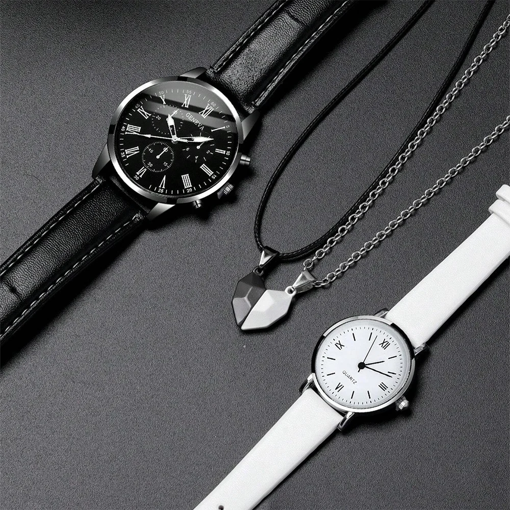 4 Pcs Set Couple Fashion Casual Simple Leather Watch Women Simple Dial Quartz Watch Black And White Bracelet Accessories