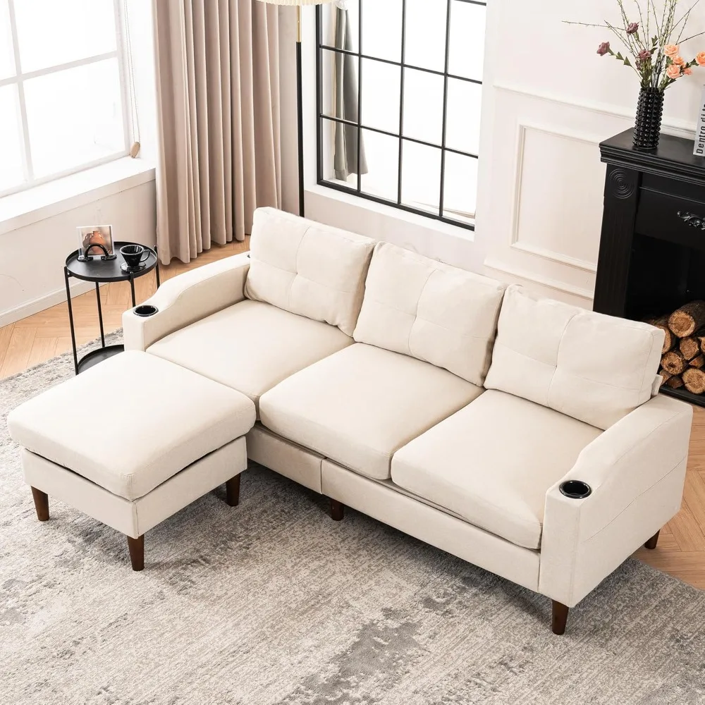 L-Shape Modern Sofa, Sectional Couch with Built-in USB Port and Convenient Cup Holder,Couch for Living Room,Beige