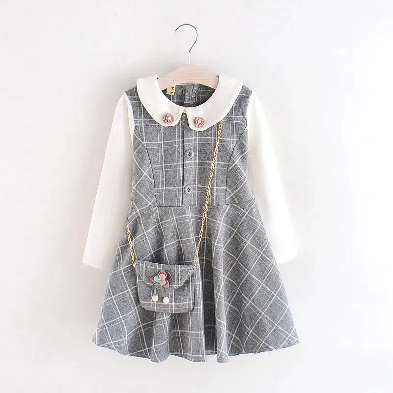 Spring and Autumn Children's Dresses New Girls Princess Dresses Long Sleeves Plaid Dresses Girls Baby Dresses Free Bag